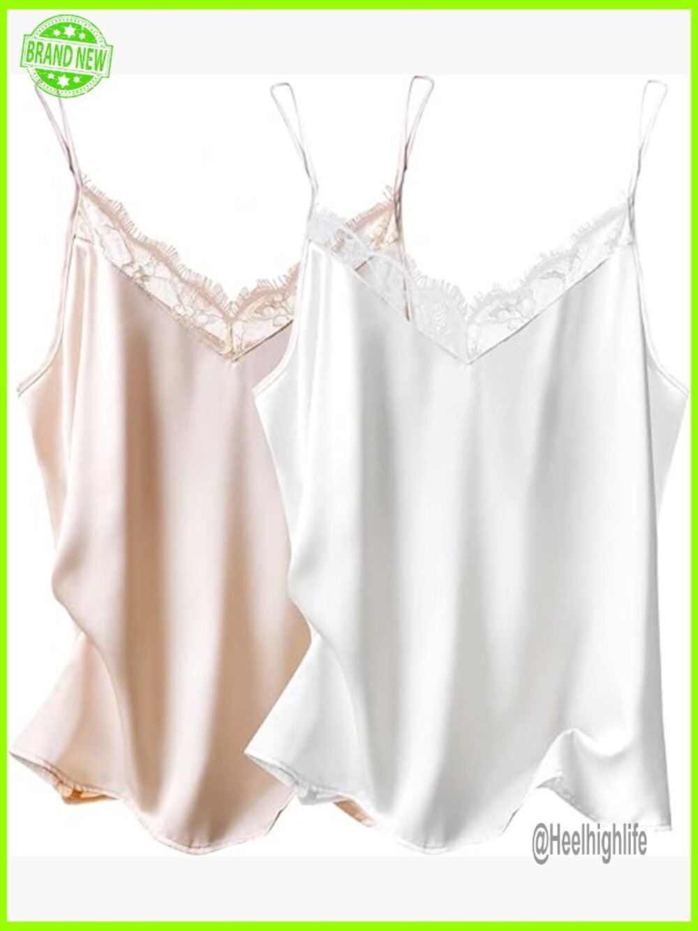 Satin Camisole Tank Top with Lace V-Neck, Adjustable Straps, Sleepwear